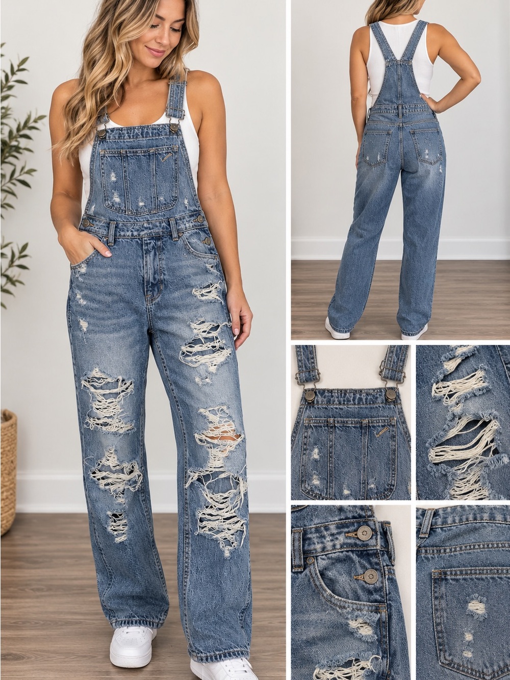 American Eagle Outfitters Distressed Blue Denim Womens Overalls